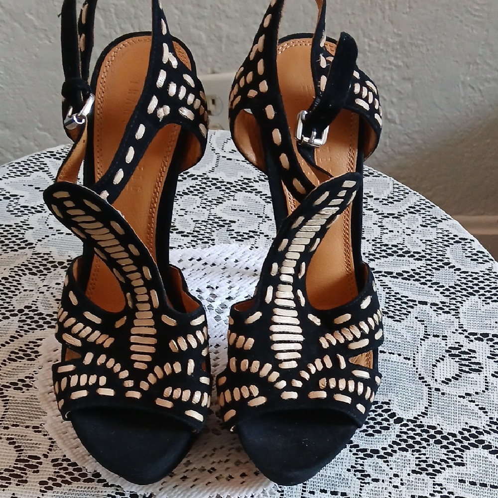 Sophisticated Black and White High Heeled Suade Sandals